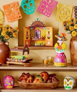 Día de Muertos Lit Ceramic Calavera with Paints and Brush Hearts/Florals - Mondo Llama™